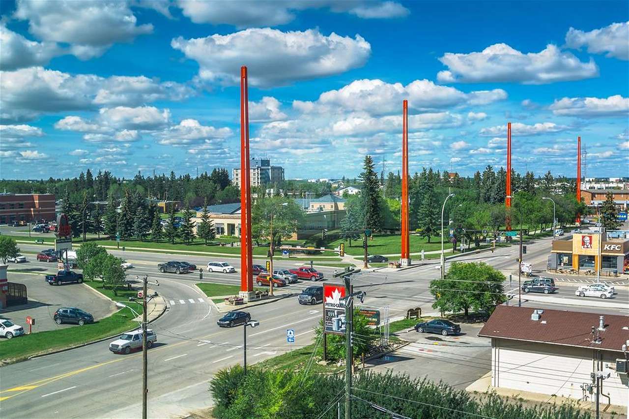 City of Lloydminster on the Alberta–Saskatchewan border, with the red border markers